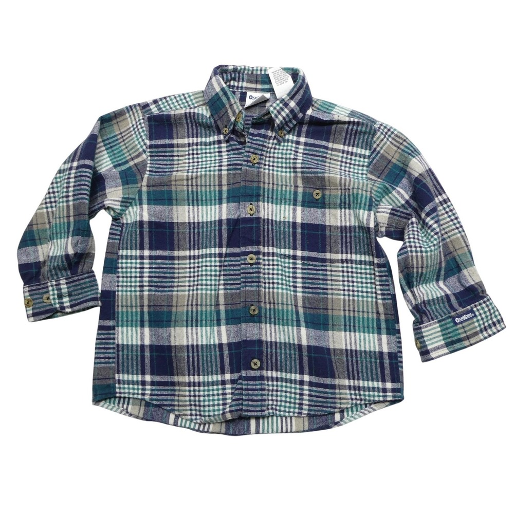 OshKosh‎ B'gosh Shirt Kids 6 Blue Green Plaid Flannel Long Sleeve Button Front